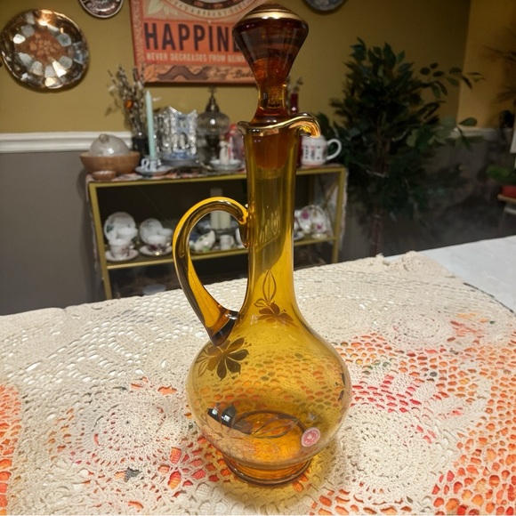 Vintage Romanian Amber Glass Hand Painted Decanter Set - Picture 9 of 10